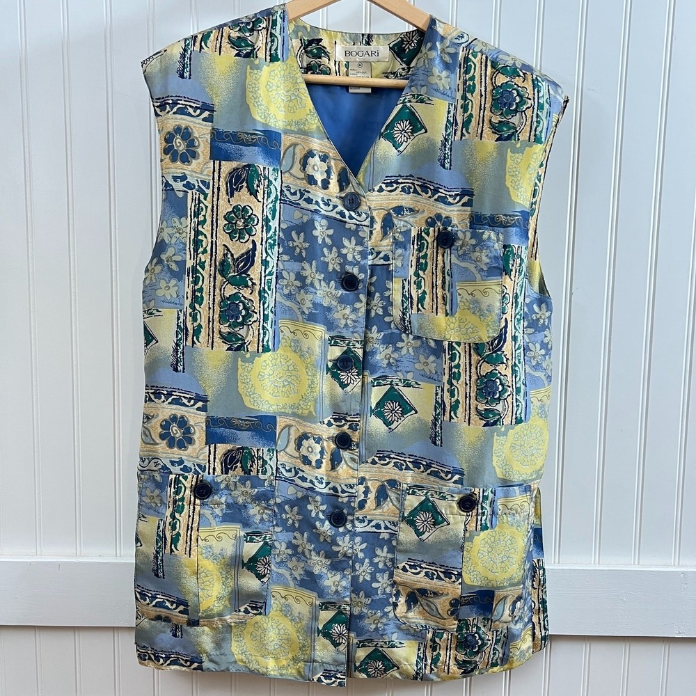 Vtg Bogari Blouse Eclectic Glam 100% Silk Patchwork Abstract Sleeveless M Blue